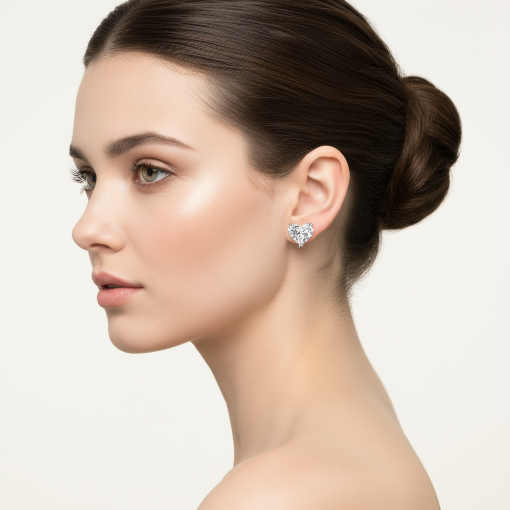 Female model wearing heart-shaped diamond stud earrings