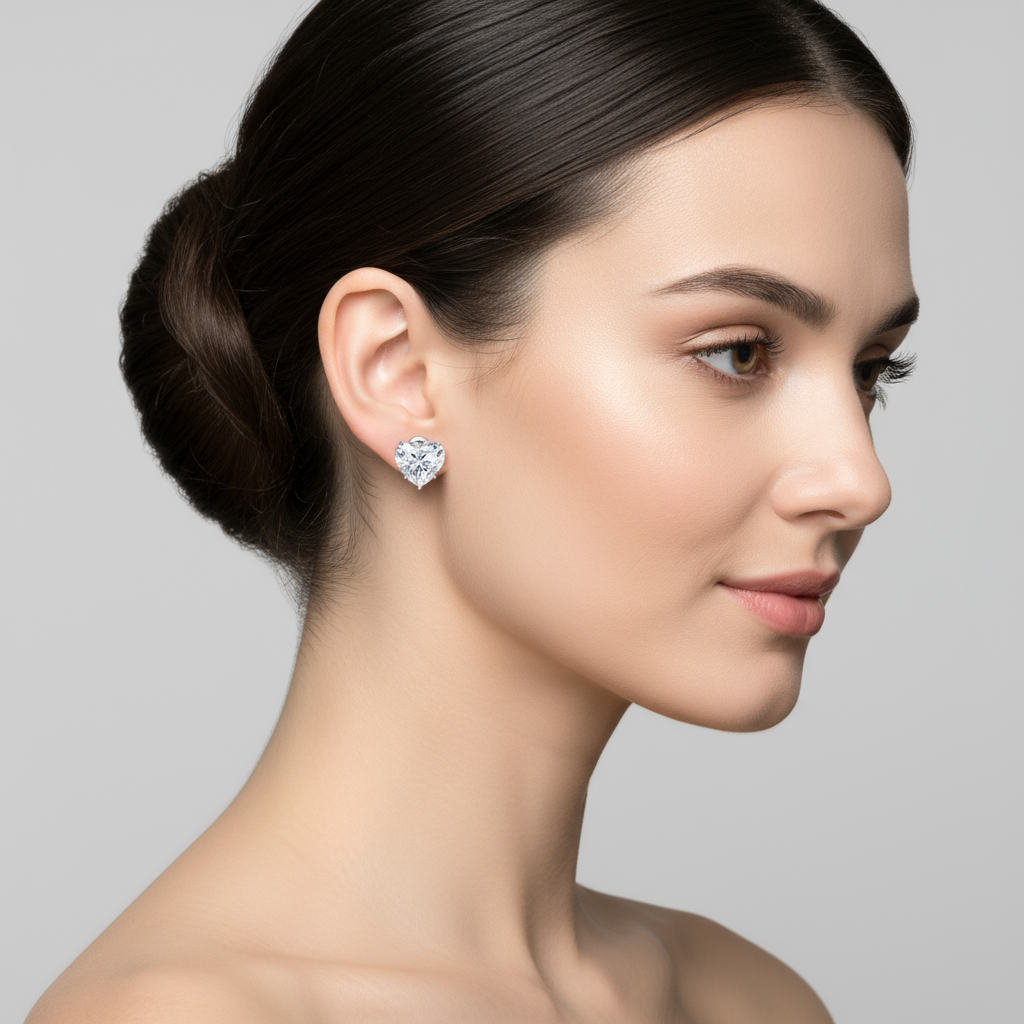 Female model wearing heart-shaped diamond stud earrings