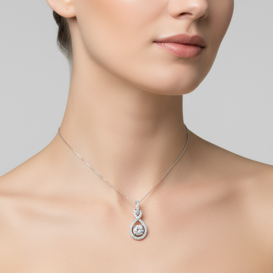 Female model wearing infinity diamond pendant