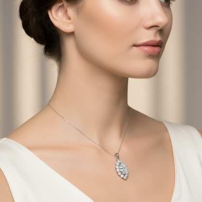 Female model wearing marquise diamond halo pendant