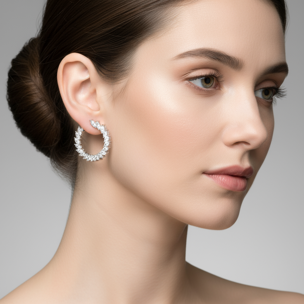 Female model wearing marquise diamond leaf hoop earrings