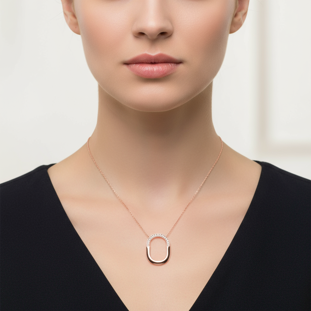 Female model wearing modern diamond pendant