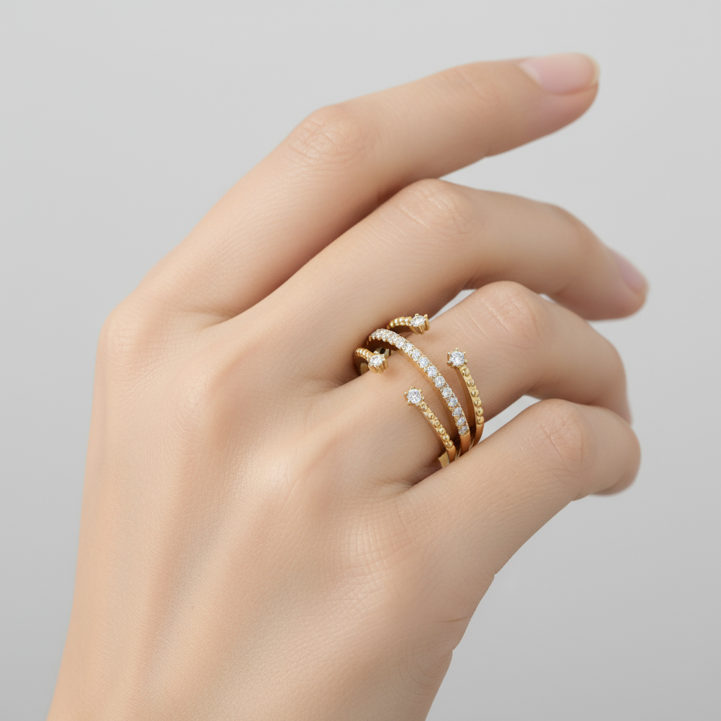 Female model wearing multi-band diamond ring