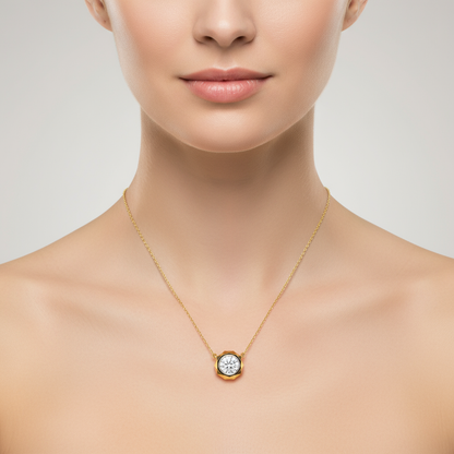 Female model wearing octagonal bezel-set diamond pendant