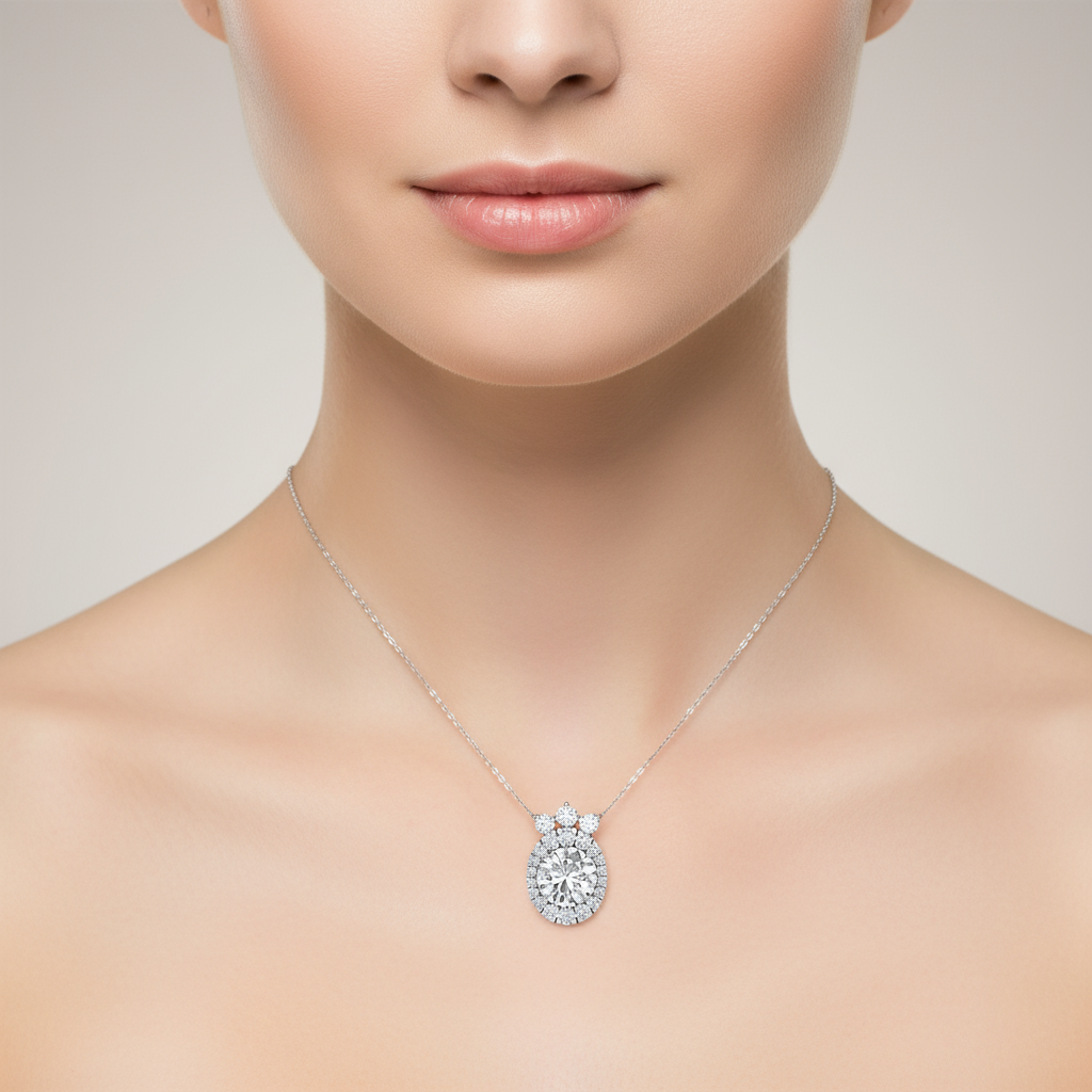 Female model wearing oval diamond halo pendant