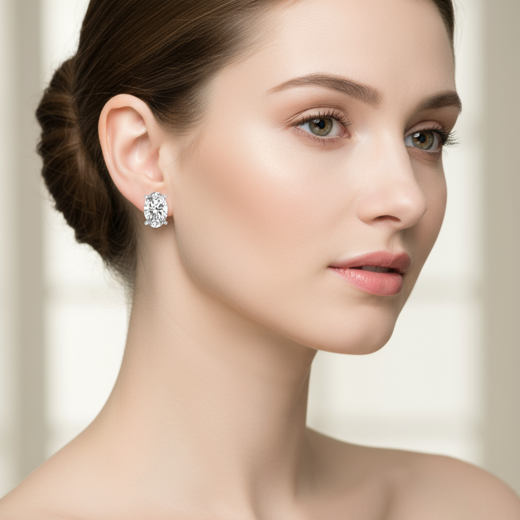 Female model wearing oval diamond stud earrings
