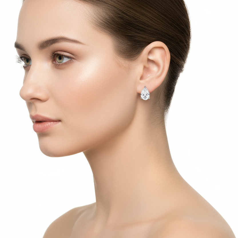 Female model wearing pear diamond earrings