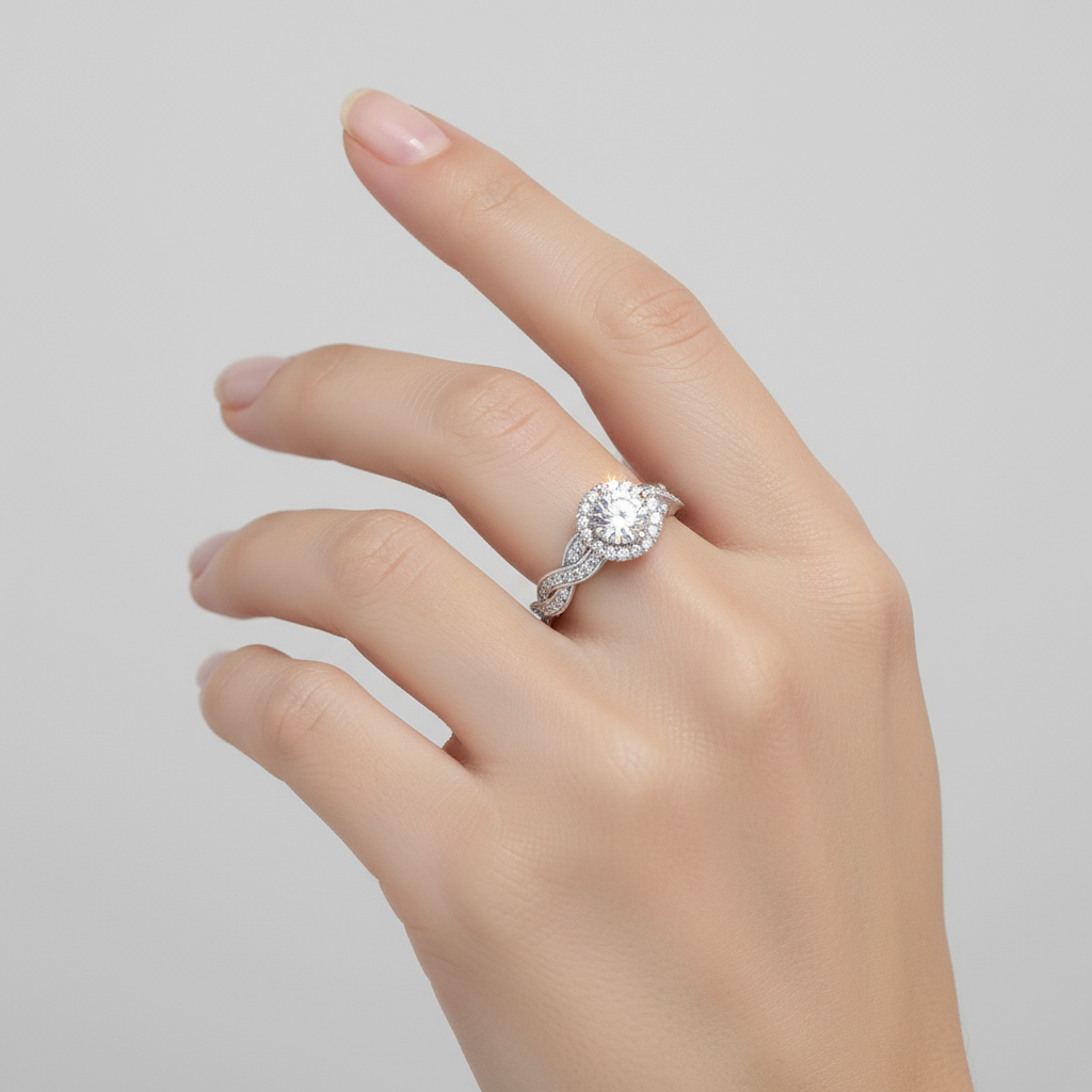 Female model wearing round diamond halo engagement ring with twisted infinity band