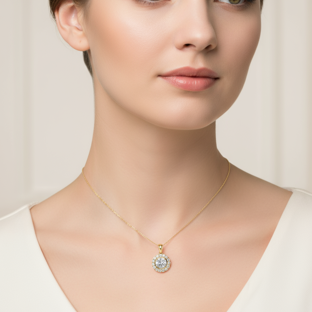 Female model wearing round diamond halo pendant