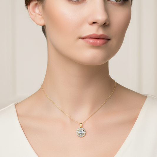 Female model wearing round diamond halo pendant