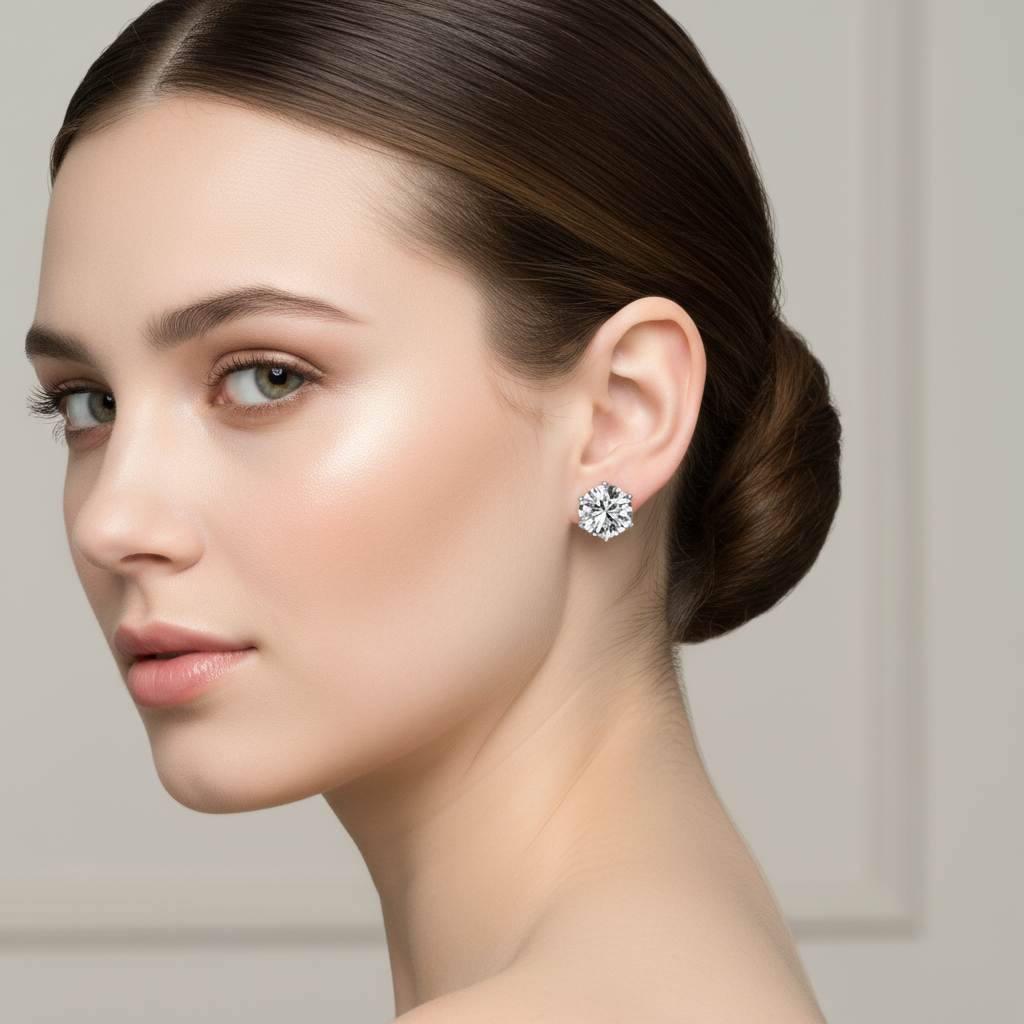 Female model wearing round diamond solitaire stud earrings