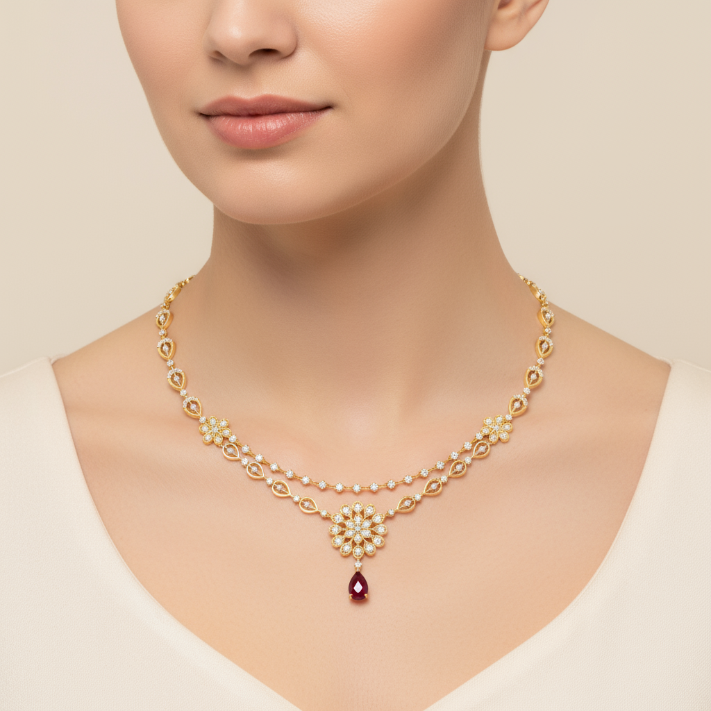 Female model wearing ruby and diamond necklace