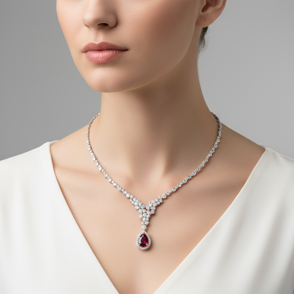 Female model wearing ruby and diamond necklace