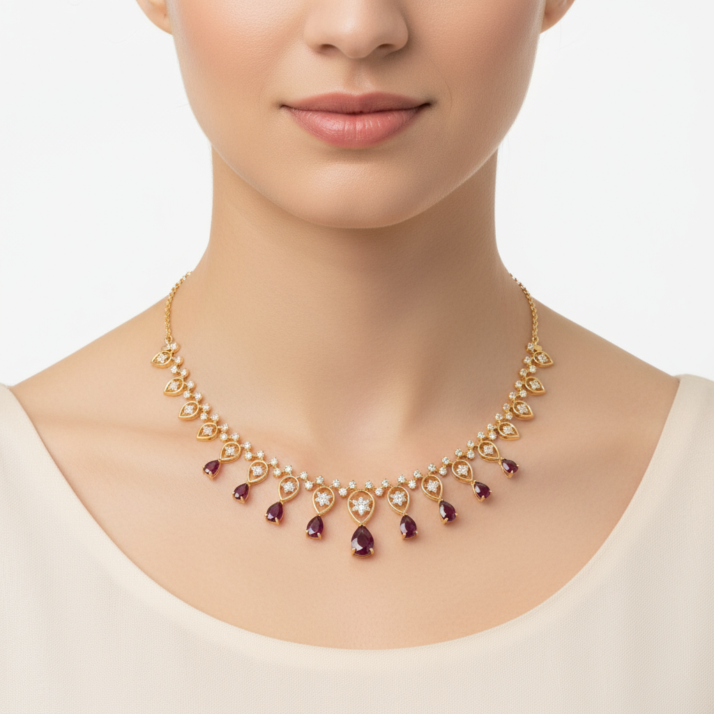 Female model wearing ruby and diamond necklace