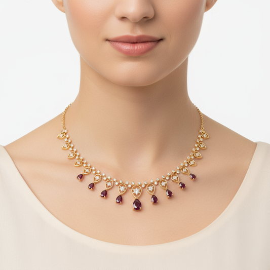 Female model wearing ruby and diamond necklace