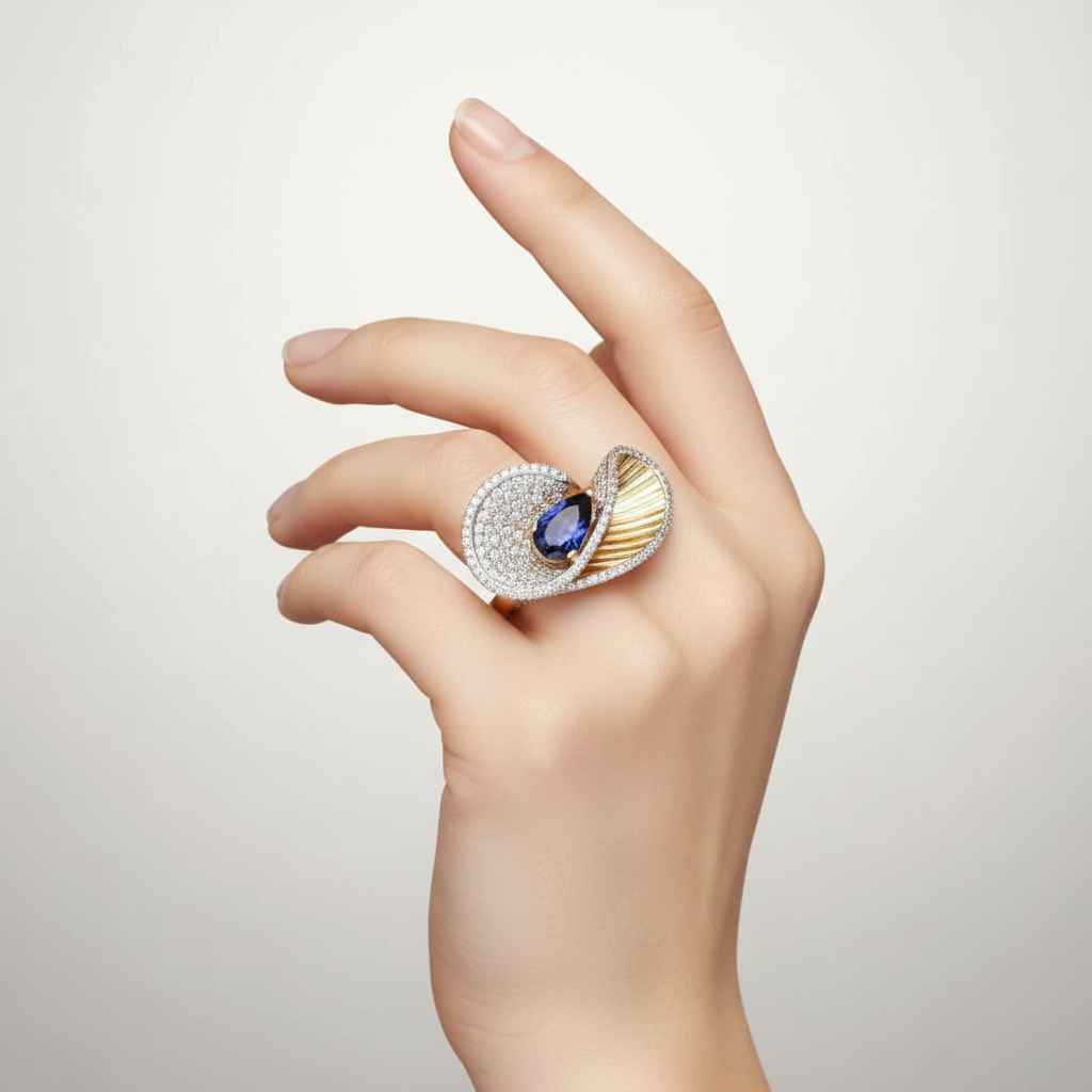 Female model wearing sapphire and diamond cocktail ring