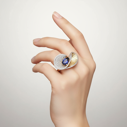 Female model wearing sapphire and diamond cocktail ring