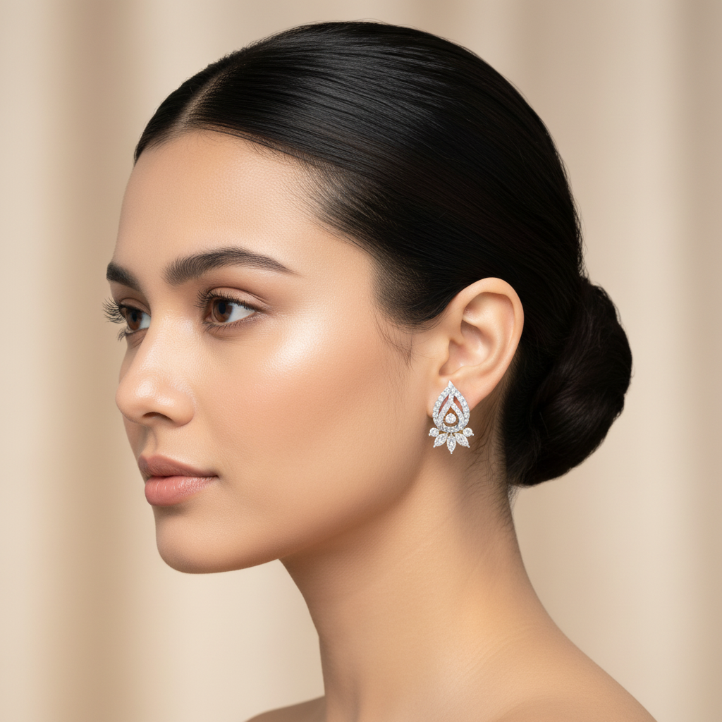 Female model wearing teardrop diamond earrings