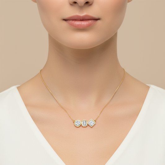 Female model wearing three-diamond bezel pendant