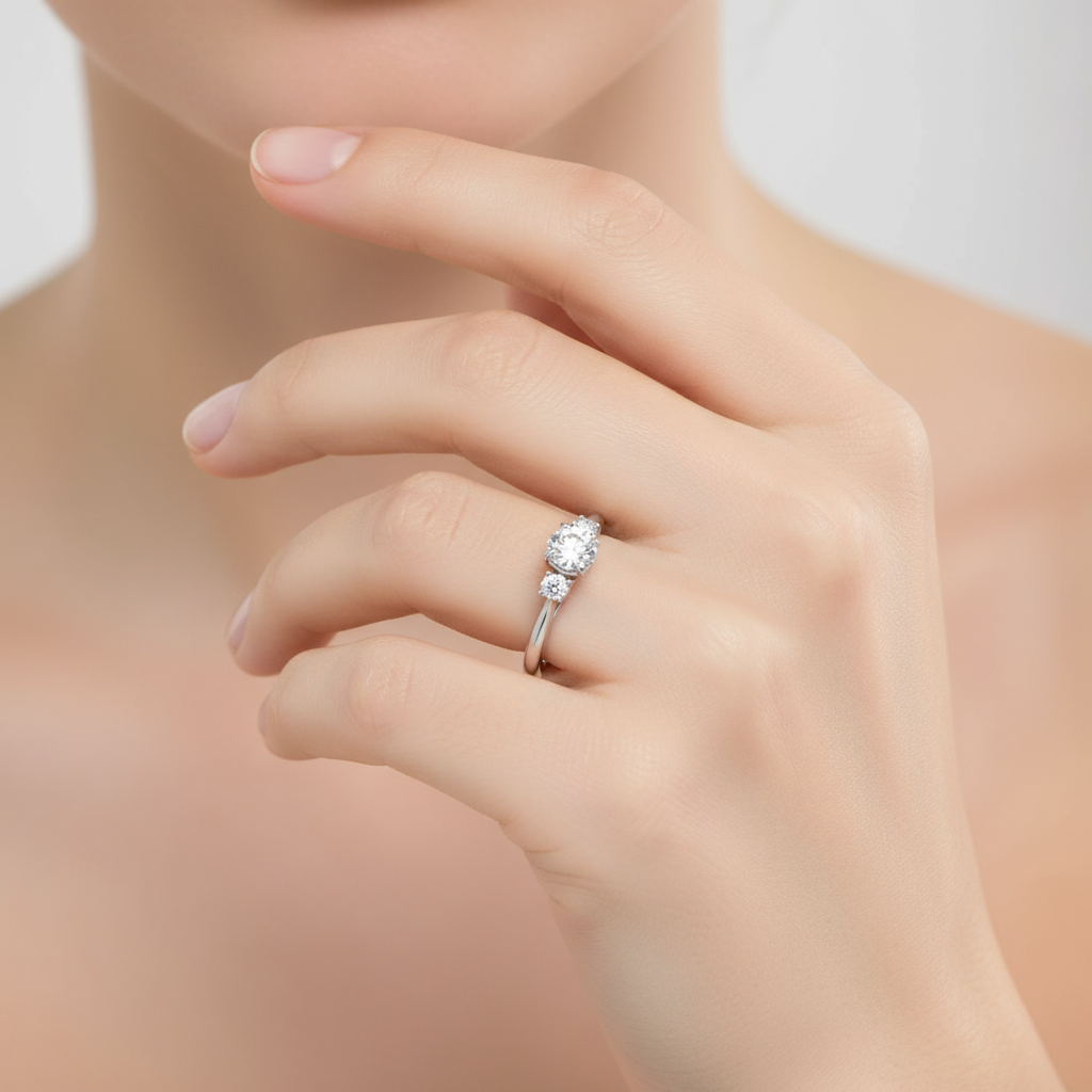 Female model wearing three-stone diamond engagement ring
