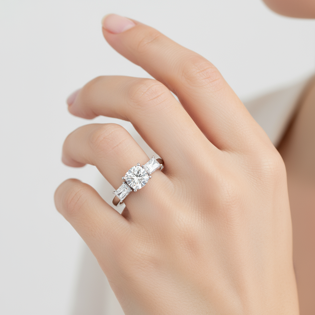 Female model wearing three-stone engagement ring with round and princess-cut diamonds