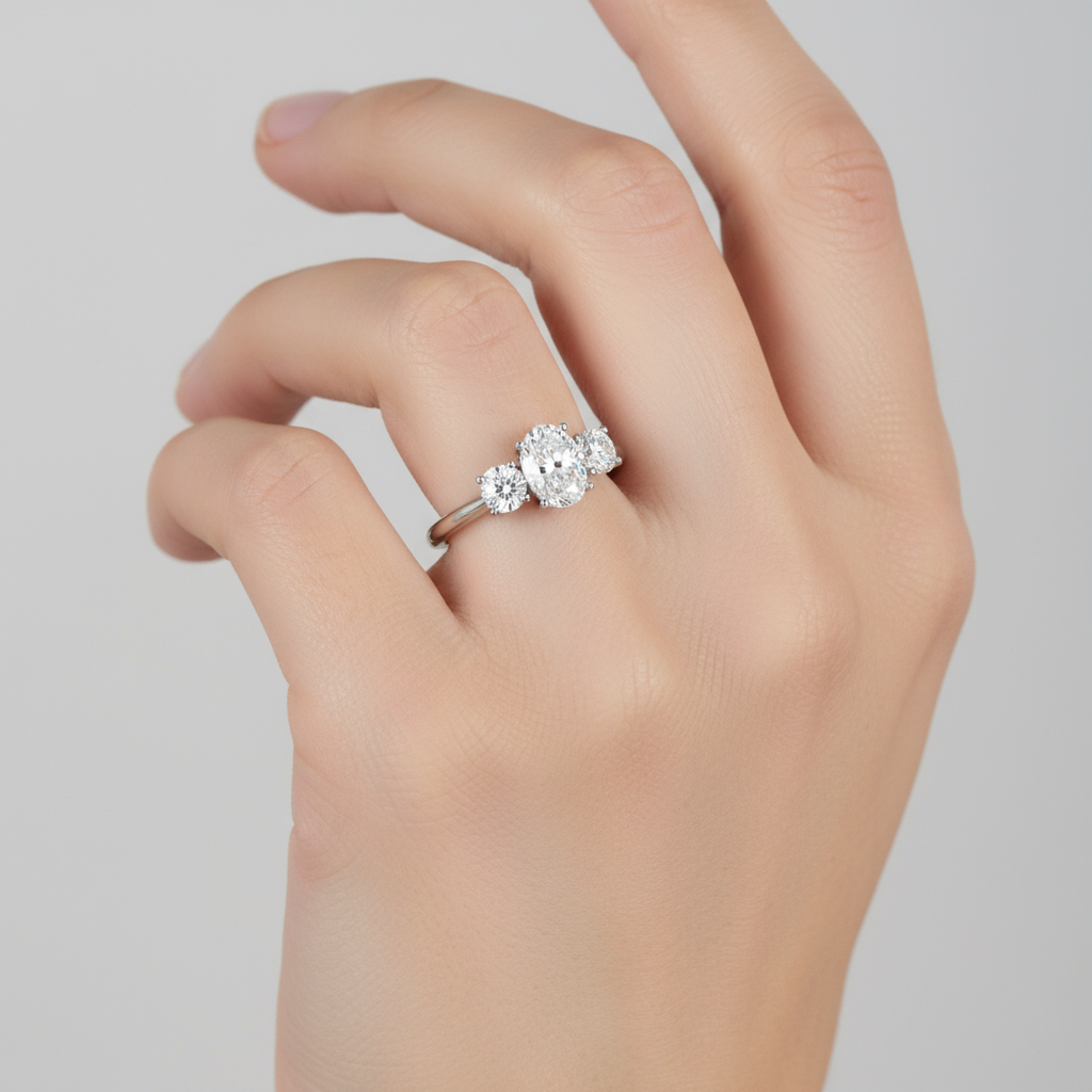 Female model wearing three-stone oval diamond engagement ring