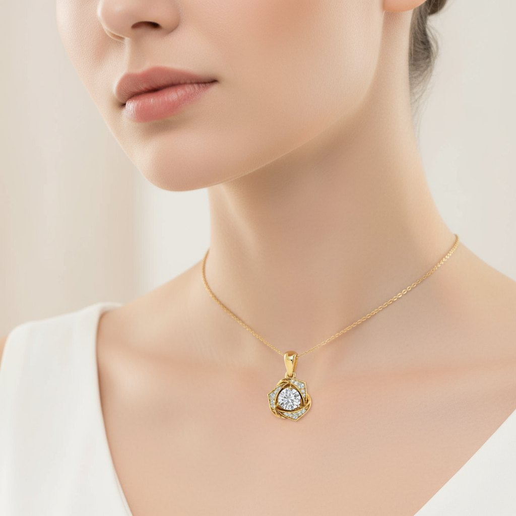 Female model wearing twisted diamond pendant