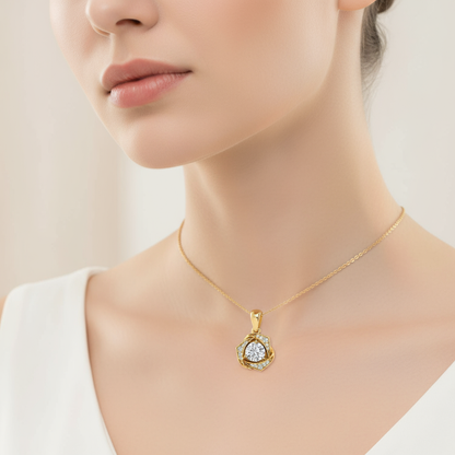Female model wearing twisted diamond pendant