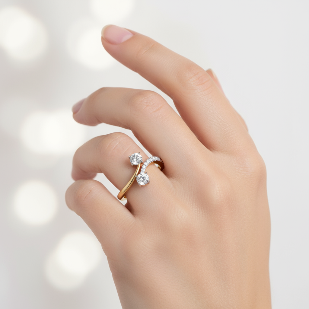Female model wearing two-stone diamond ring