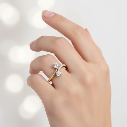 Female model wearing two-stone diamond ring
