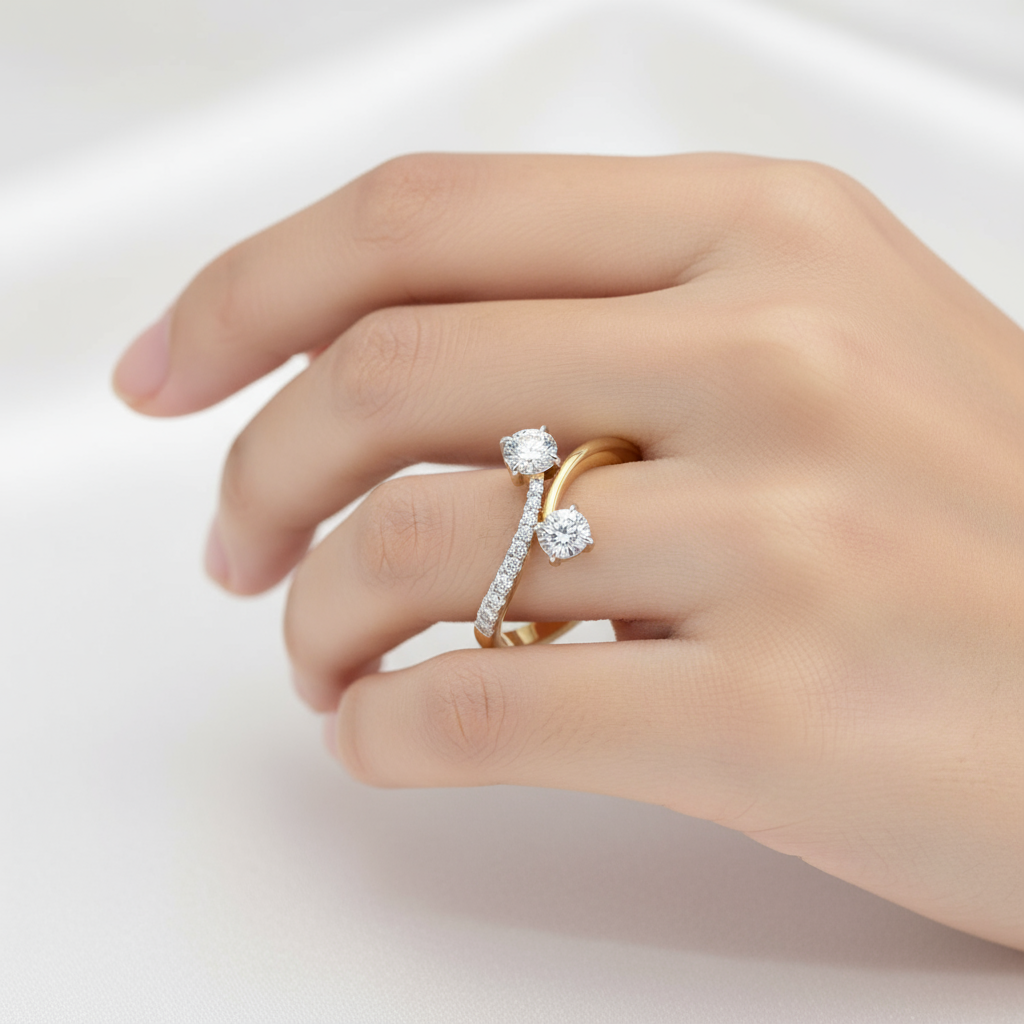Female model wearing two-stone diamond ring