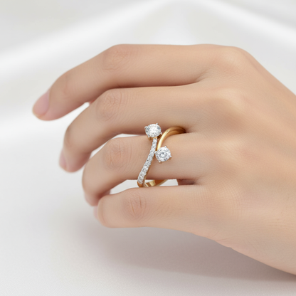 Female model wearing two-stone diamond ring