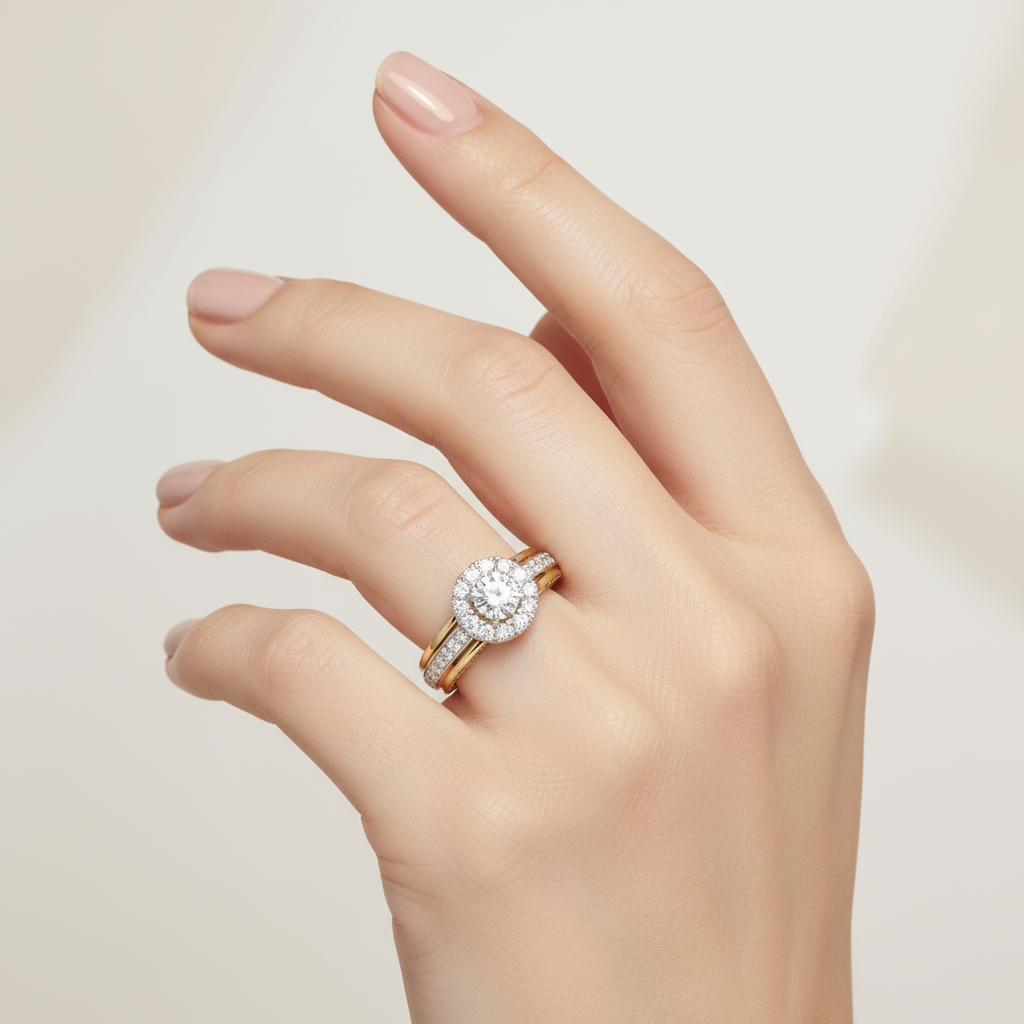 Female model wearing two-tone diamond halo ring