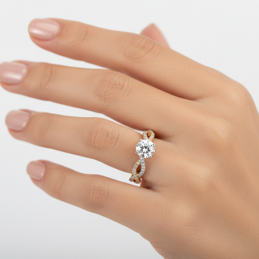 Female model wearing two-tone twisted diamond ring