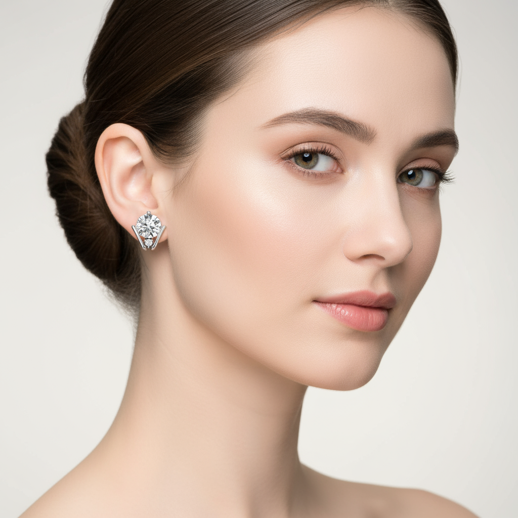 Female model wearing V-shaped diamond stud earrings