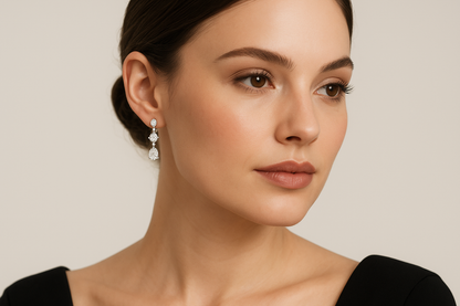Generated image of a female model wearing small-sized elegant diamond drop earrings