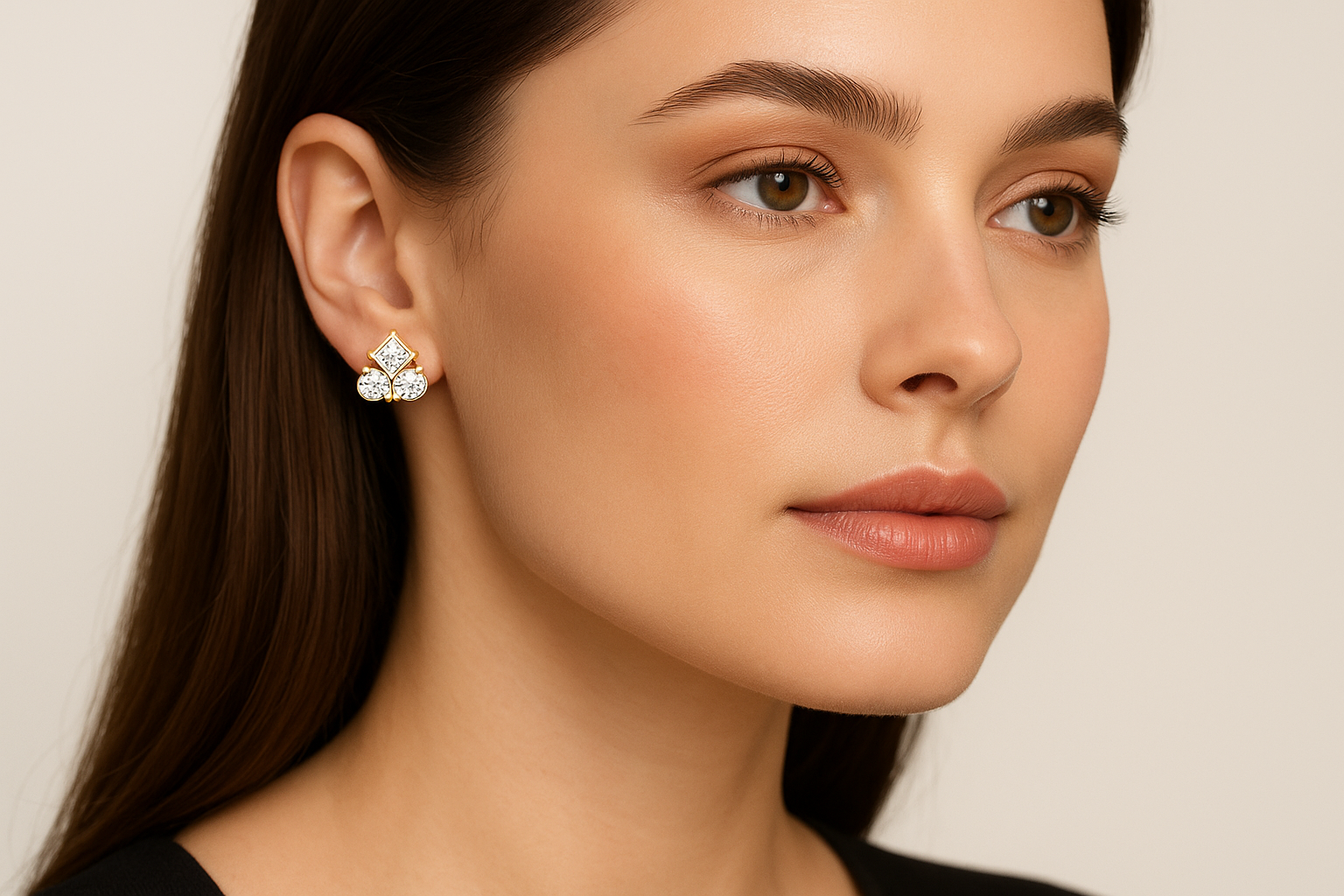 Generated image of a female model wearing small-sized geometric gold and diamond cluster earrings