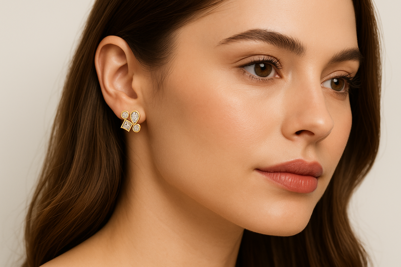 Generated image of a female model wearing small-sized geometric gold and diamond earrings