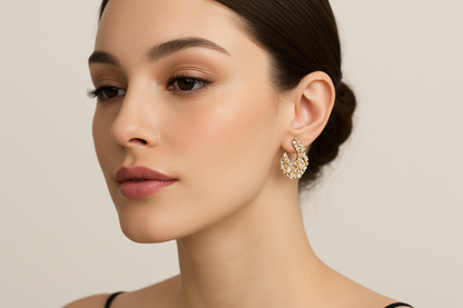 Generated image of a female model wearing small-sized gold and diamond chandelier earrings