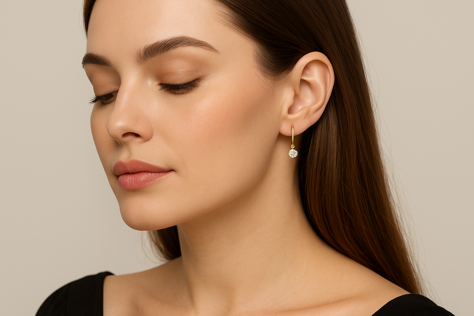 Generated image of a female model wearing small-sized gold and diamond drop earrings