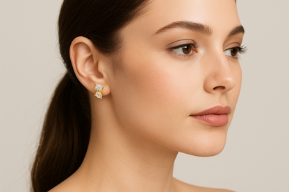 Generated image of a female model wearing small-sized gold and diamond earrings