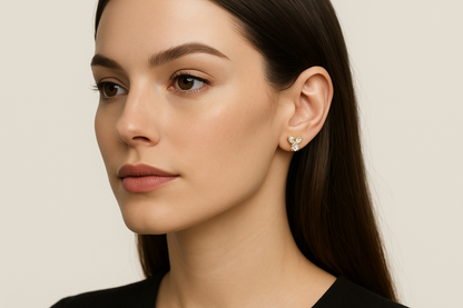 Generated image of a female model wearing small-sized gold and diamond floral cluster earrings