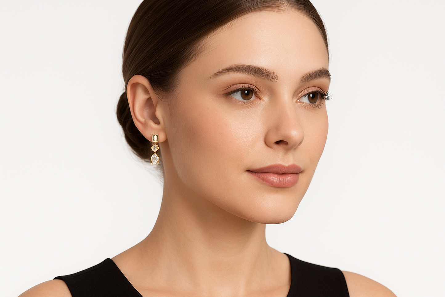 Generated image of a female model wearing small-sized gold and mixed-cut diamond drop earrings