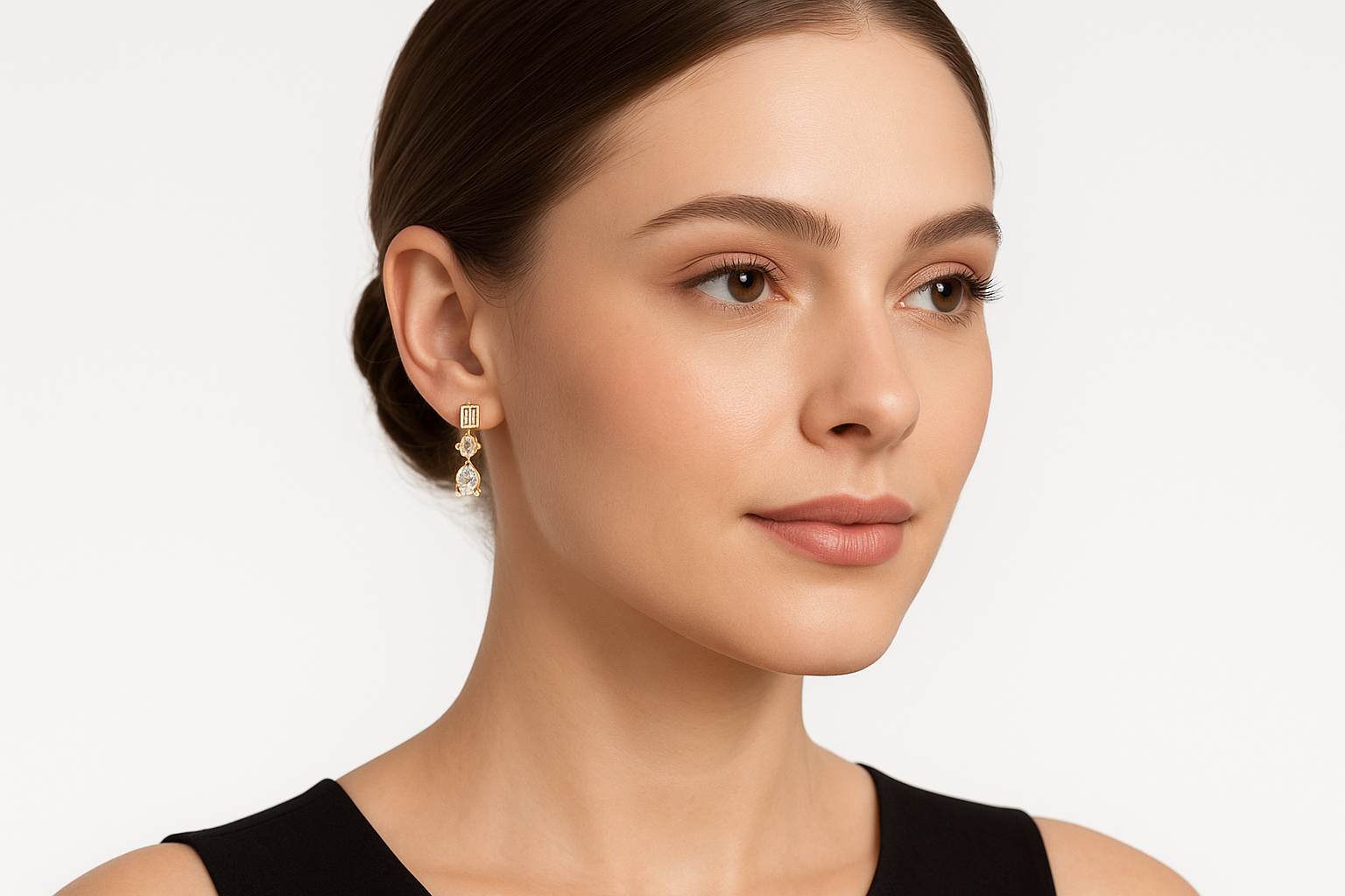 Generated image of a female model wearing small-sized gold and mixed-cut diamond drop earrings