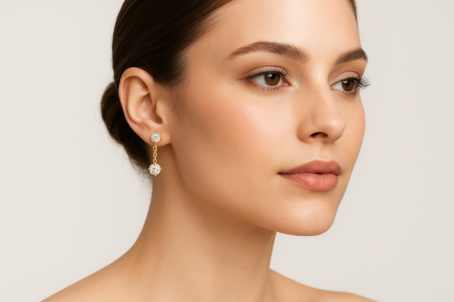 Generated image of a female model wearing small-sized gold chain drop earrings with diamonds