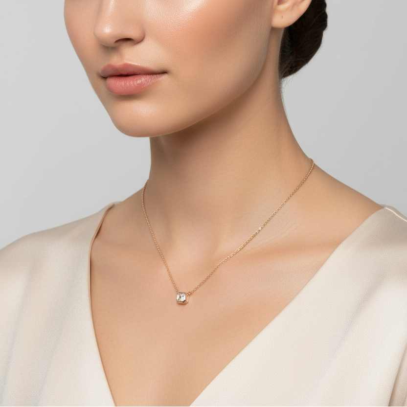 Generated image of a female model wearing small-sized rose gold and diamond pendant