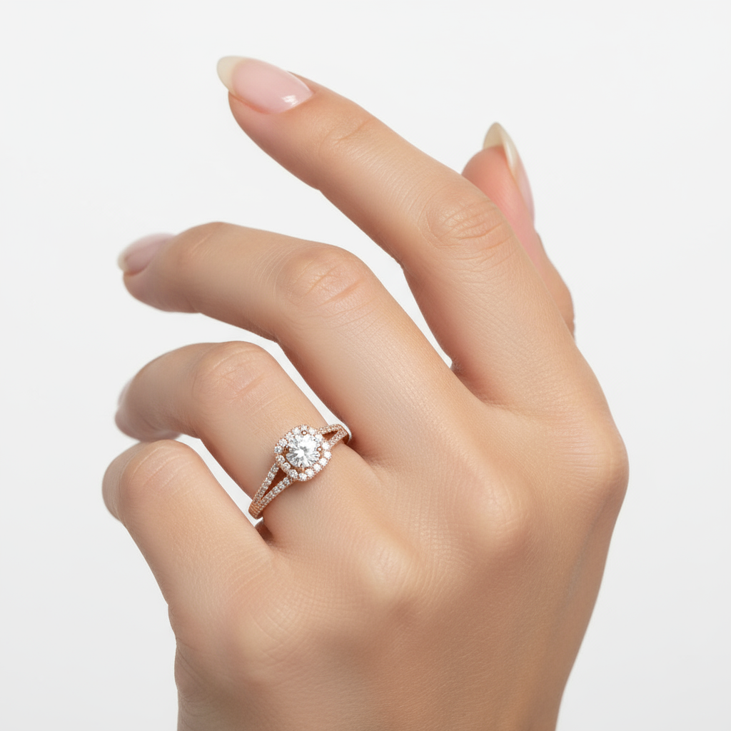 Generated image of a female model wearing small-sized rose gold halo ring with split pavé diamond band