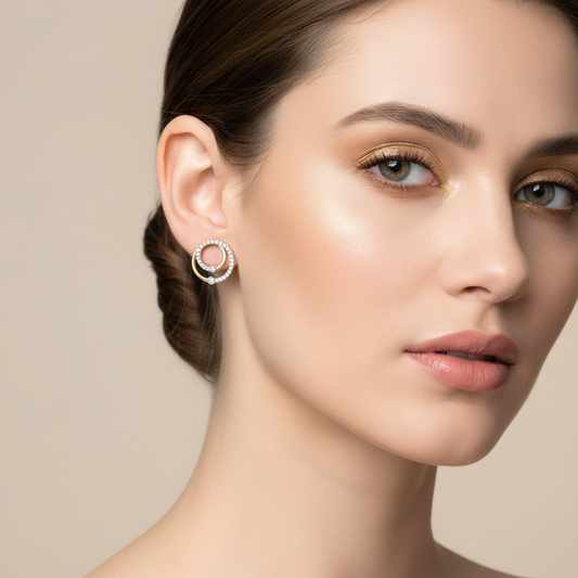 Generated image of a female model wearing small-sized two-tone gold and diamond circular earrings