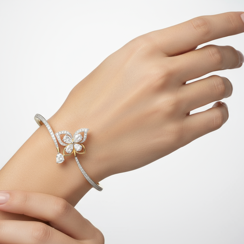 Generated image of a female model wearing small-sized two-tone gold and diamond floral bracelet