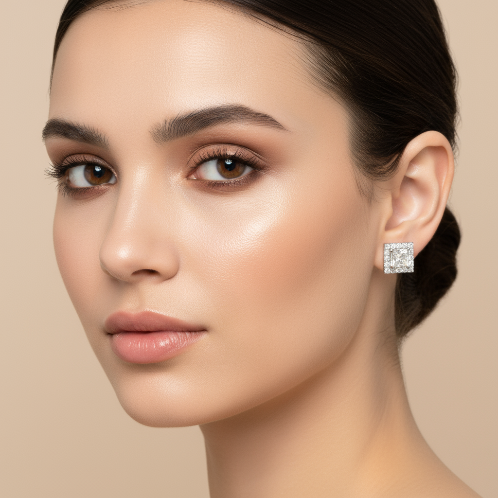 Generated image of a female model wearing small-sized two-tone gold and diamond halo stud earrings